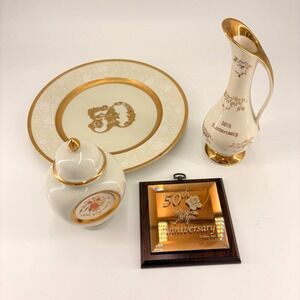 Vintage 50th Anniversary Gold Gilt Porcelain Pitcher Jar Plate Plaque Set 4pc